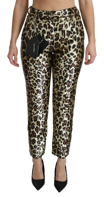 Dolce & Gabbana Chic High Waist Leopard Sequin Women's Pants Comfy Athletic Pants