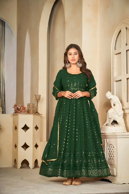 Jyoti Fashion Women's Green Georgette Embroidered Anarkali Kurta Pant Set With Dupatta Classic Flared Pants
