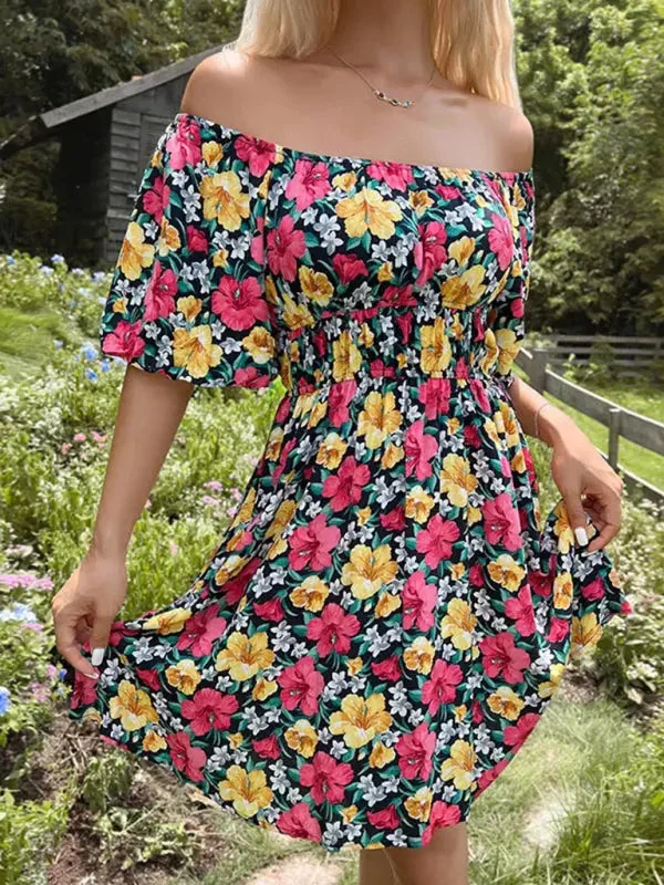 Blue Zone Planet |  Aria's Hibiscus Floral Print Off-Shoulder Ruffle Mini Dress Comfortable Bodycon Mini Dress