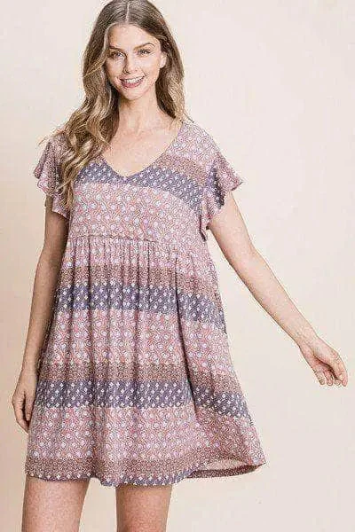 Cute And Flirty Floral Printed Babydoll Mini Dress Casual Button-Up Mini Dress
