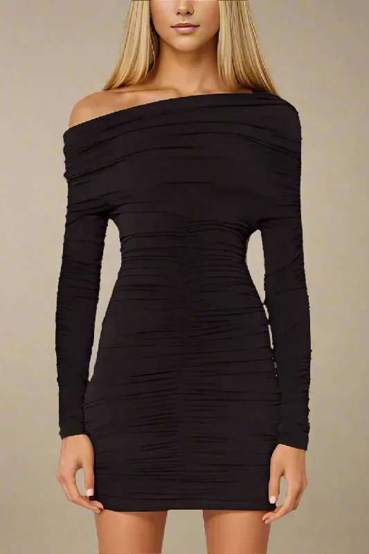 Alessandra Long Sleeve Wrap Bodycon Mini Dress - Classic Black Comfortable Polka Dot Mini Dress