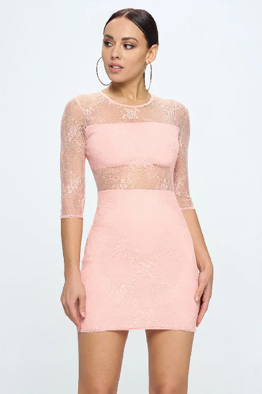 SHEER LACE LAYERED MINI DRESS Cozy Long Sleeve Mini Dress