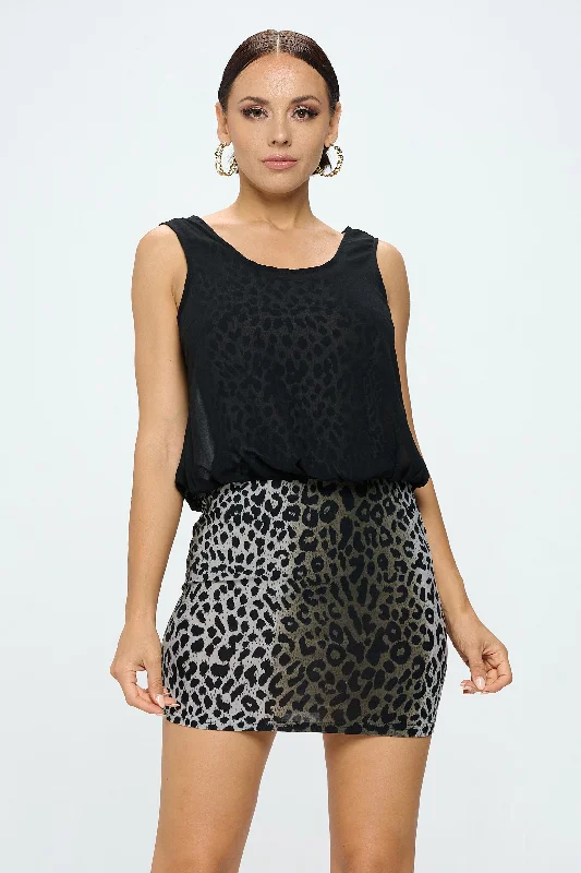LEOPARD PRINT SHEER LAYERED MINI DRESS Stylish Short Sleeve Mini Dress