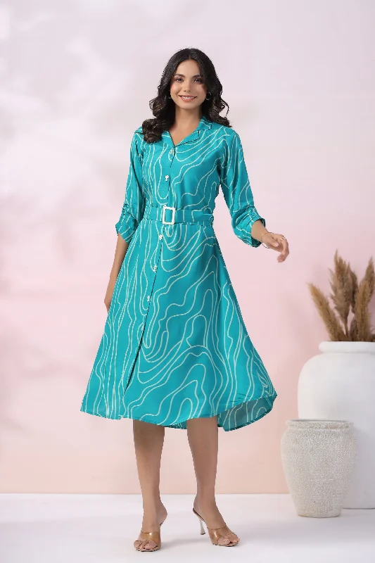 Blue Muslin Abstract Print Mini Dress With Belt Cozy Satin Mini Dress