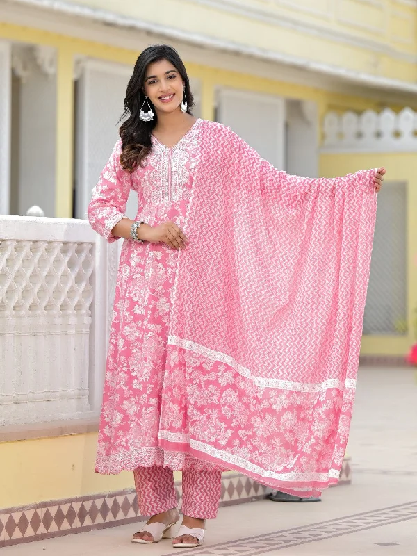 Juniper Women's Pink Floral Printed Rayon Kurta, Pant And Dupatta Set With Thread & Sequins Work High-Waist Jeans