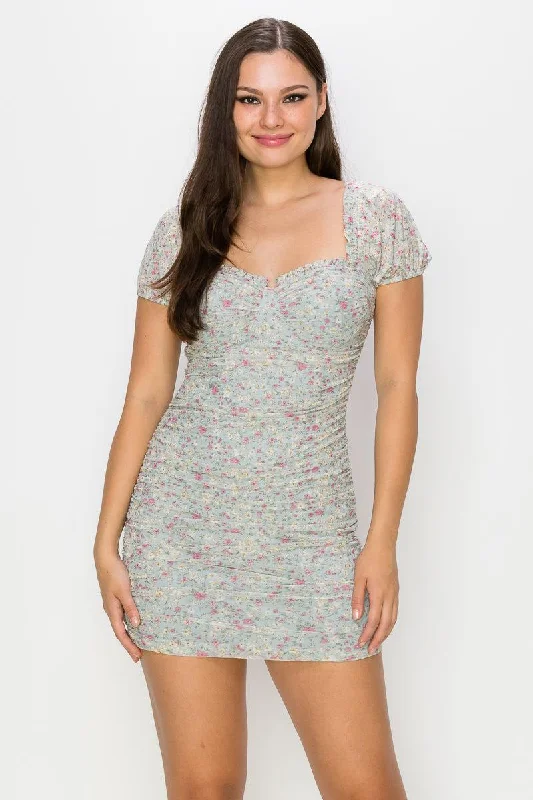 Ruched Floral Ruffled Bodycon Mini Dress Comfortable Off-Shoulder Mini Dress