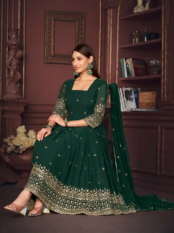 Jyoti Fashion Women's Golden & Bottle Green Georgette Embroidered Anarkali Kurta Pant Set With Dupatta Casual Lounge Pants