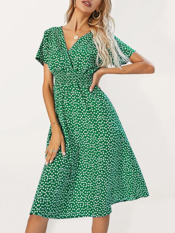 Blue Zone Planet |  Summer elegant vacation V-neck floral print short-sleeved dress Tunics Trendy modern
