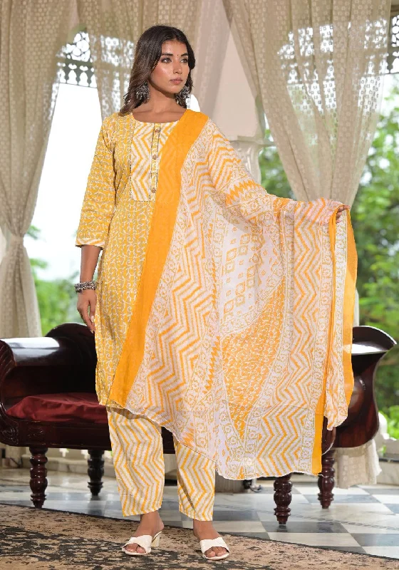 Juniper Women's Mustard Ethnic Motif Printed Cotton Kurta, Pant And Dupatta Set With Lace & Buttons Casual Skinny Fit Pants
