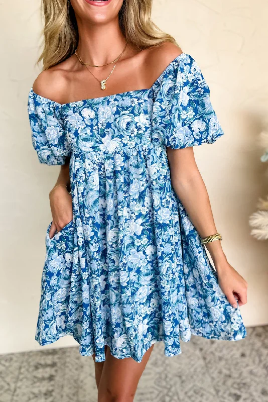Blue Zone Planet |  Blue Floral Puff Sleeve Babydoll Mini Dress Stylish Summer Mini Dress