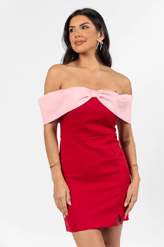 Take A Vow Red and Pink Bow Detail Mini Dress Trendy Bodycon Mini Dress