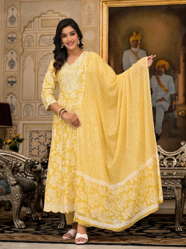 Juniper Women's Yellow Floral Printed Rayon Kurta With Pant And Dupatta With Thread & Sequins Work Slim Fit Casual Pants