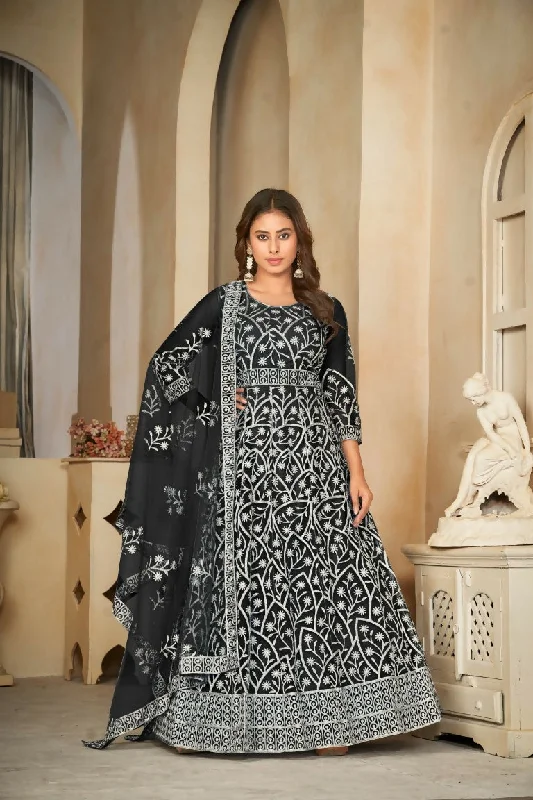Jyoti Fashion Women's Black Net Embroidered Anarkali Kurta Pant Set With Dupatta Fashionable Track Pants