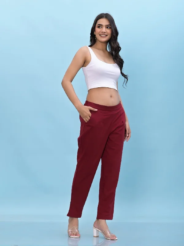 Juniper Women's Maroon Solid Cotton Pants with Partially Elasticated Waistband and Two Side Pockets Cozy Maternity Pants