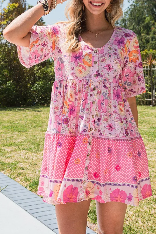 Floral Polka Dot Buttoned Mini Dress Cozy Knitted Mini Dress