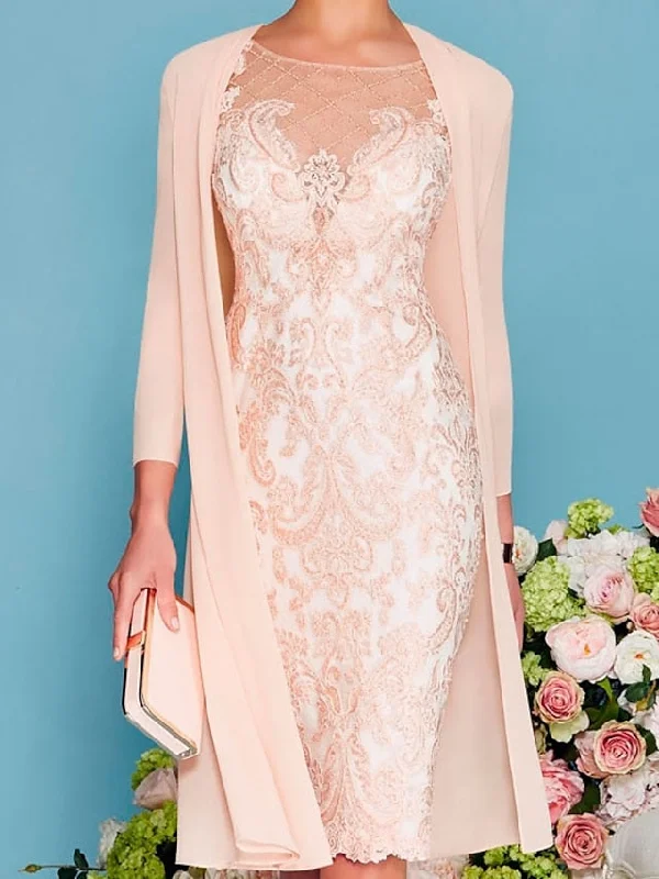 Sheath/Column Scoop Long Sleeves Knee-Length Mother of the Bride Dresses with Lace Beading Appliques Tunics Trendy modern