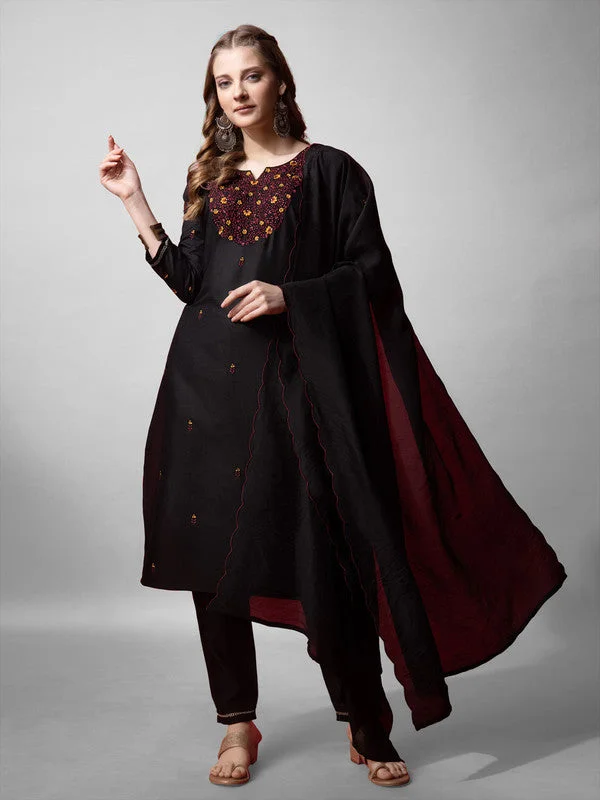Malishka Women's Black Embroidered Cotton Blend Kurta Pant Set With Dupatta Formal Linen Trousers