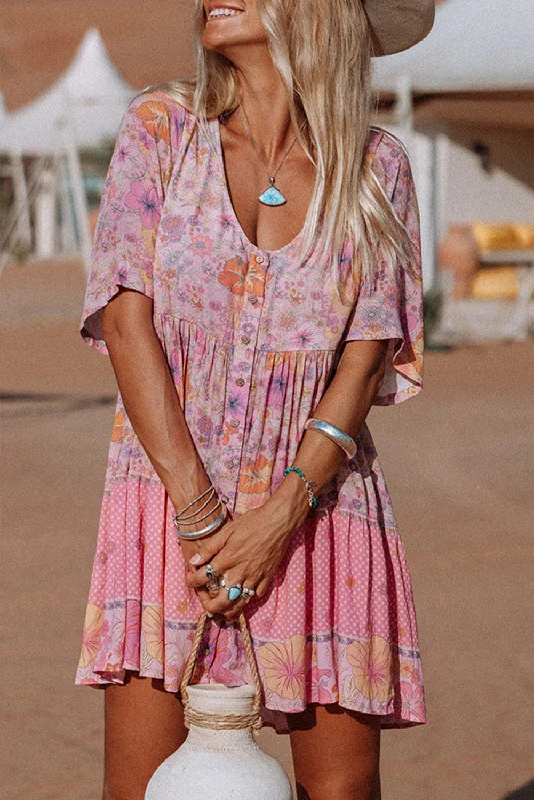 Blue Zone Planet |  Multicolor Hibiscus Floral Print Ruffle Mini Dress Fashionable Lace-Trim Mini Dress