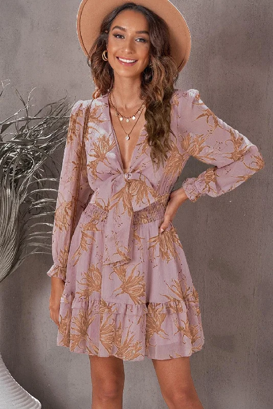 Floral Deep V Flounce Sleeve Mini Dress Trendy Mesh Mini Dress