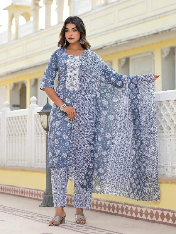 Juniper Women's Grey Ethnic Motif Printed Cotton Kurta, Pant And Dupatta Set With Thread & Zari Work Wide-Legged Palazzos