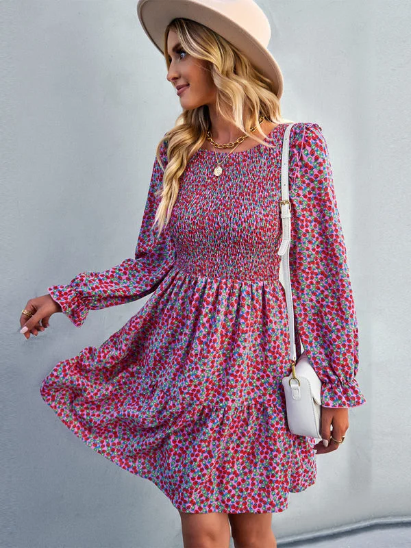 Blue Zone Planet |  Round neck floral dress spring and summer long-sleeved all-match A-line skirt Tunics Solid Classic