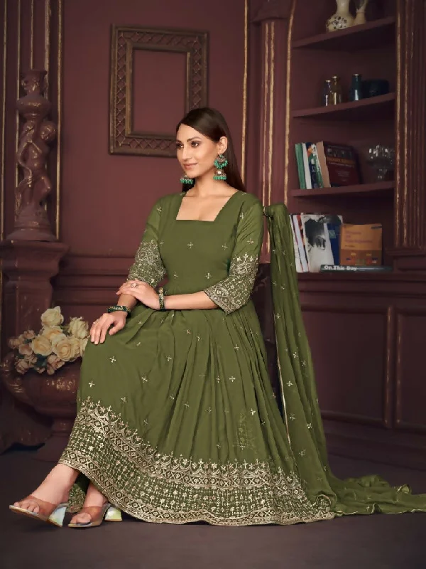 Jyoti Fashion Women's Olive Green Georgette Embroidered Anarkali Kurta Pant Set With Dupatta Classic Bootcut Trousers