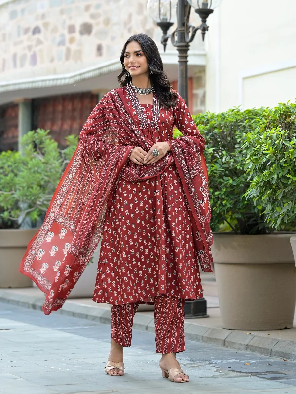 Indian Fashion Women Red Printed Kurta, Pant And Dupatta Set Relaxed Casual Leggings