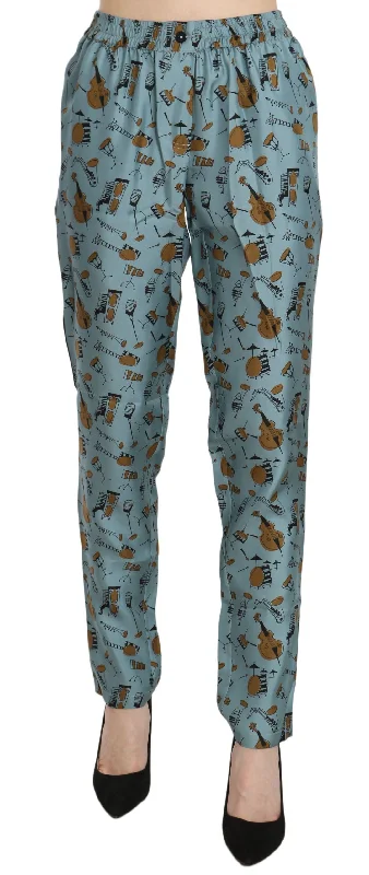 Dolce & Gabbana High Waist Tapered Silk Pants in Blue Women's Print Cozy Lounge Pants
