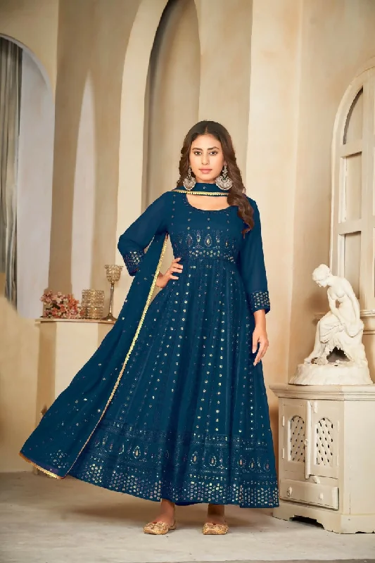 Jyoti Fashion Women's Rama Georgette Embroidered Anarkali Kurta Pant Set With Dupatta Chic Faux Leather Pants