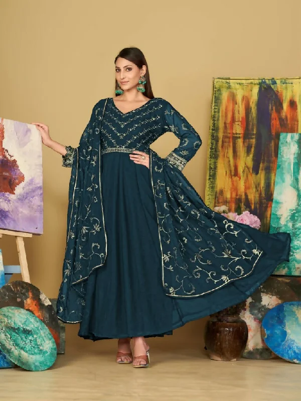 Jyoti Fashion Women's Teal Georgette Embroidered Anarkali Kurta Pant Set With Dupatta Wide-Legged Palazzos