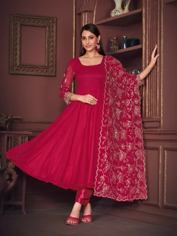 Jyoti Fashion Women's Rani Pink Georgette Embroidered Anarkali Kurta Pant Set With Dupatta Trendy Printed Leggings