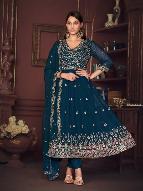 Jyoti Fashion Women's Rama Georgette Embroidered Anarkali Kurta Pant Set With Dupatta Trendy Printed Pants
