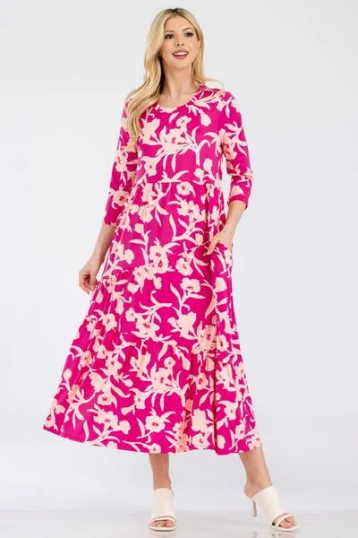 Blue Zone Planet | Celeste Full Size Floral Round Neck Ruffle Hem Dress Tunics Cozy soft Blue Zone Planet | Celeste Full Size Floral Round Neck Ruffle Hem Dress Tunics Cozy soft