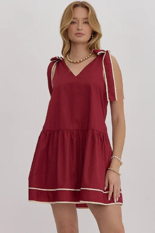Sadie Bow Sleeve Mini Dress in Crimson Classic Shift Mini Dress