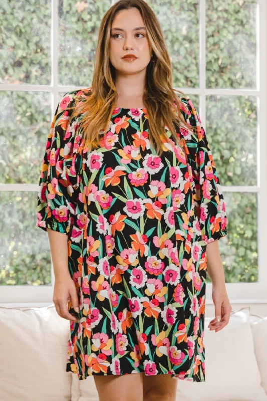 Blue Zone Planet |  ODDI Full Size Floral Puff Sleeve Mini Dress Trendy Mini Dress with Belt