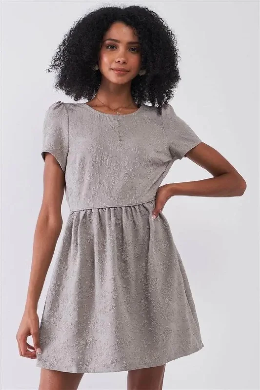 Silver Grey Floral Embroidery Round Neck Short Sleeve Mini Dress Trendy Tie-Dye Mini Dress