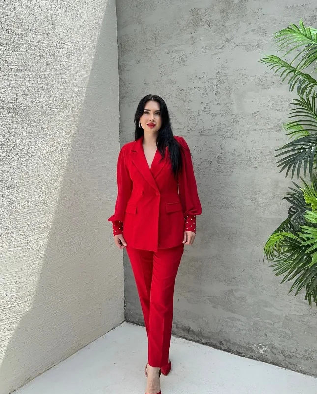 Stretchy Crepe Straight Pants - Red Cozy Fitted Pants