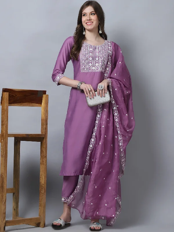 Indian Fashion Women Pink Embroidery silk Kurta, Pant And Dupatta Set Formal Stretch Pants