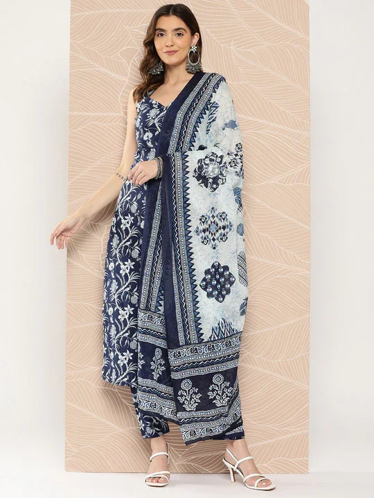 Malishka Women's Viscose Floral Printed Straight Kurta Pant With Dupatta Cozy Fitted Pants