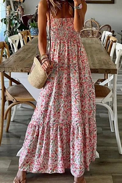 Blue Zone Planet |  Smocked Floral Spaghetti Strap Dress Tunics Cozy soft