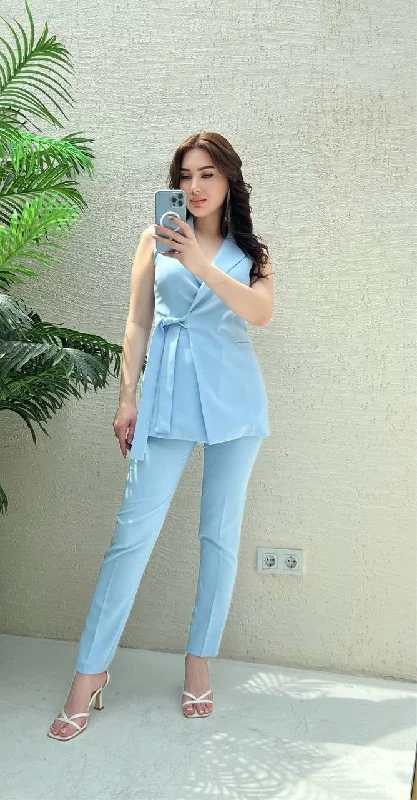 Stretchy Crepe Straight Pants - Baby Blue Elegant High-Waist Pants