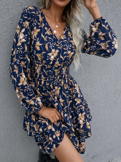 Blue Zone Planet | Floral Layered Surplice Balloon Sleeve Dress Tunics Essential wardrobe Blue Zone Planet | Floral Layered Surplice Balloon Sleeve Dress Tunics Essential wardrobe