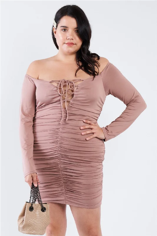 Plus Size Off The Shoulder Lace Up Ruched Mini Dress Chic Pleated Mini Dress