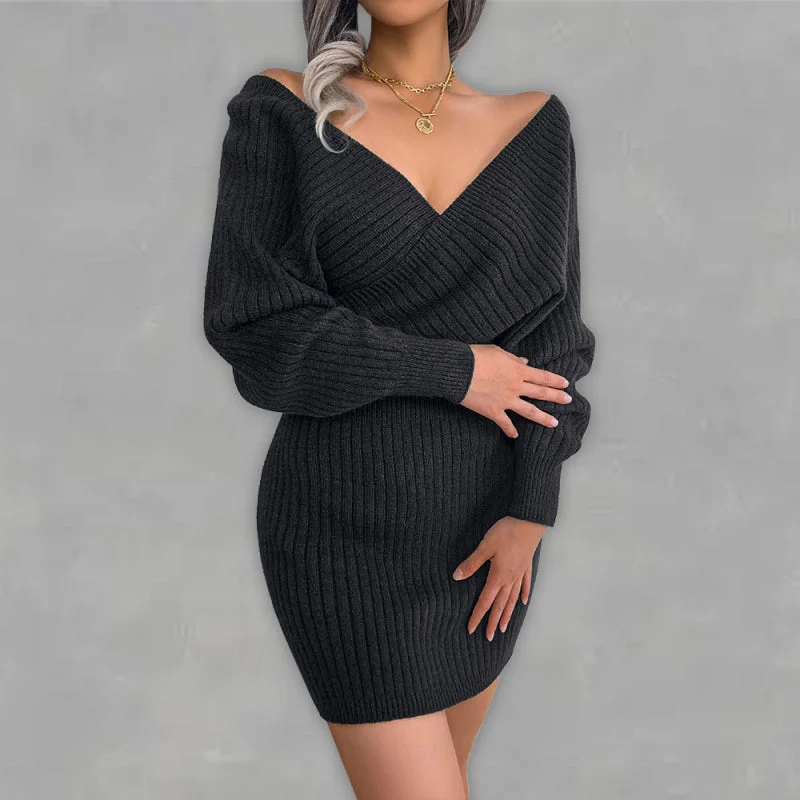 Blue Zone Planet |  Sophia's Cross V-Neck Off-Shoulder Bodycon Mini Dress Cozy Jersey Mini Dress
