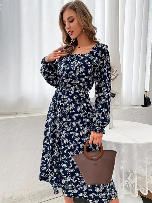 Blue Zone Planet |  Ava's Floral Print Long-Sleeved Narrow Waist Square Neck Mini Dress Chic Halter Mini Dress