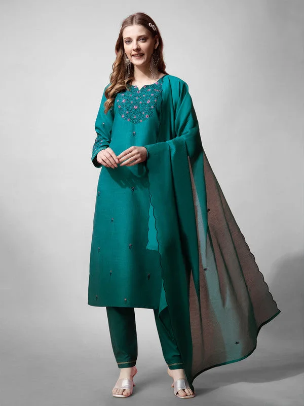 Malishka Women's Rama Embroidered Cotton Blend Kurta Pant Set With Dupatta Trendy Tapered Pants