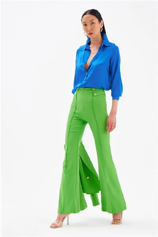 Flared High Waist 4- Button Pants - Green Formal Stretch Pants