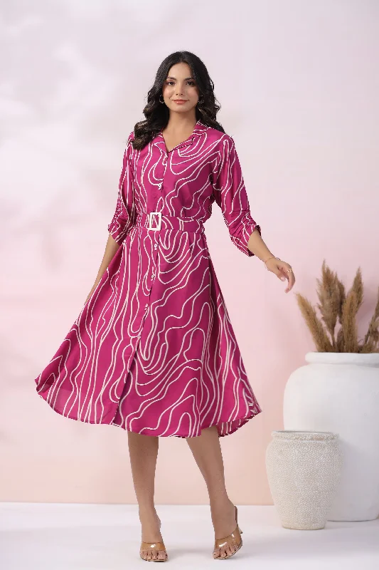 Purple Muslin Abstract Print Mini Dress With Belt Stylish Sweetheart Mini Dress