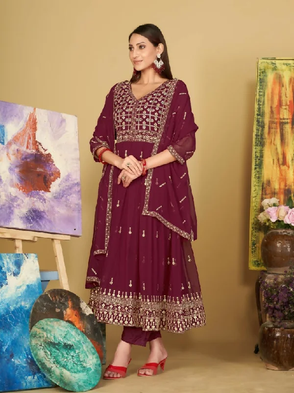 Jyoti Fashion Women's Rani Pink Georgette Embroidered Anarkali Kurta Pant Set With Dupatta Formal Wide-Leg Pants