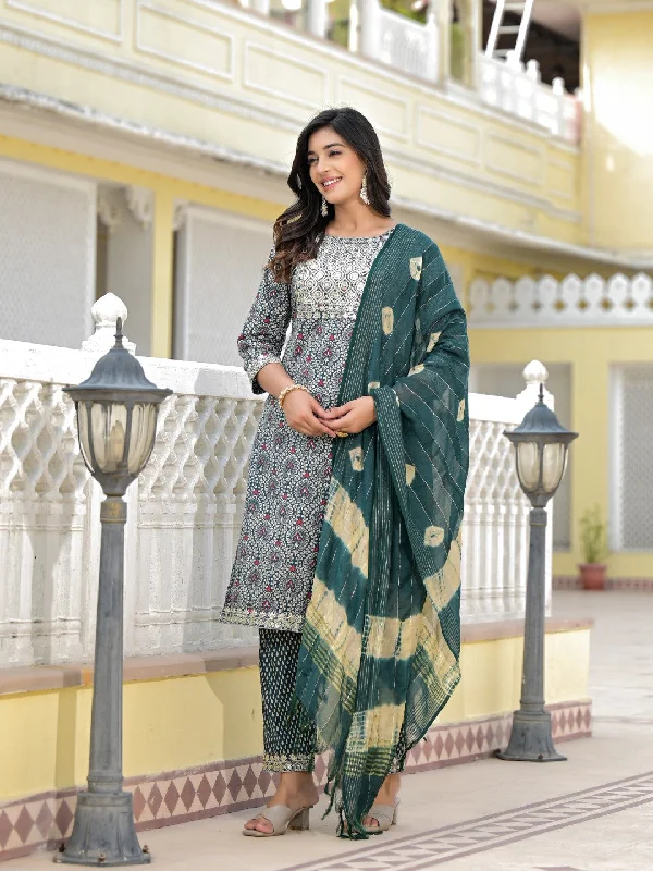 Juniper Women's Teal Ethnic Motif Printed Cotton Kurta, Pant And Dupatta Set With Zari Work & Sequins Lightweight Linen Pants